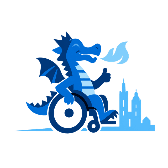 Logo RouteAble — smok na wózku na tle panoramy Krakowa